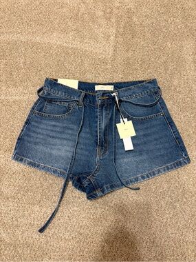 High-Rise Blue Denim Women’s Shorts with Self-Tie Belt